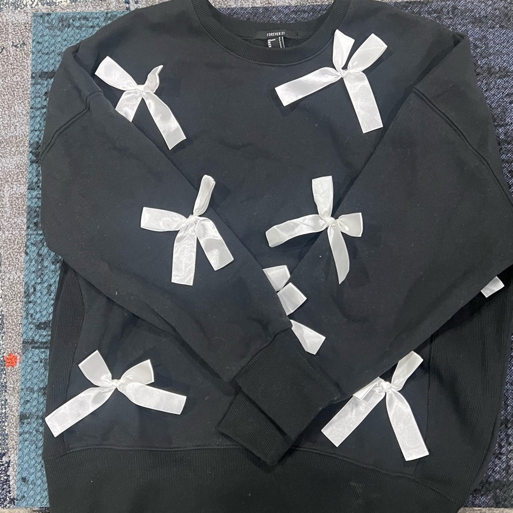 Forever 21 Black Crewneck Sweater with White Bow Details